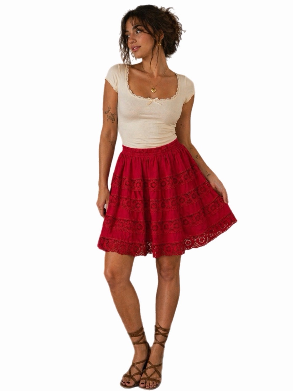 60s/70s American Vintage Embroidery Floral Lace Tiered Cotton Skirt (Red) S/M